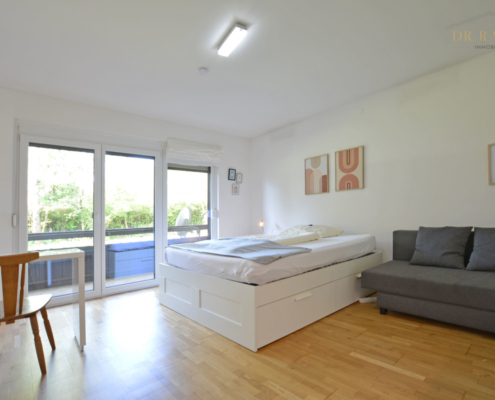 Geräumiges Zimmer mit Bett und ausziehbarer Couch