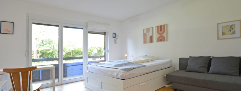 Geräumiges Zimmer mit Bett und ausziehbarer Couch